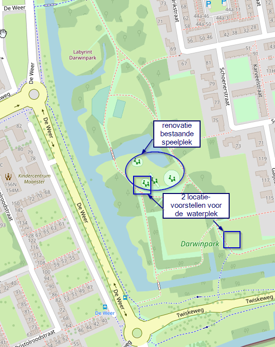 kaart met locatie speelplek en waterplek darwinpark zaandam